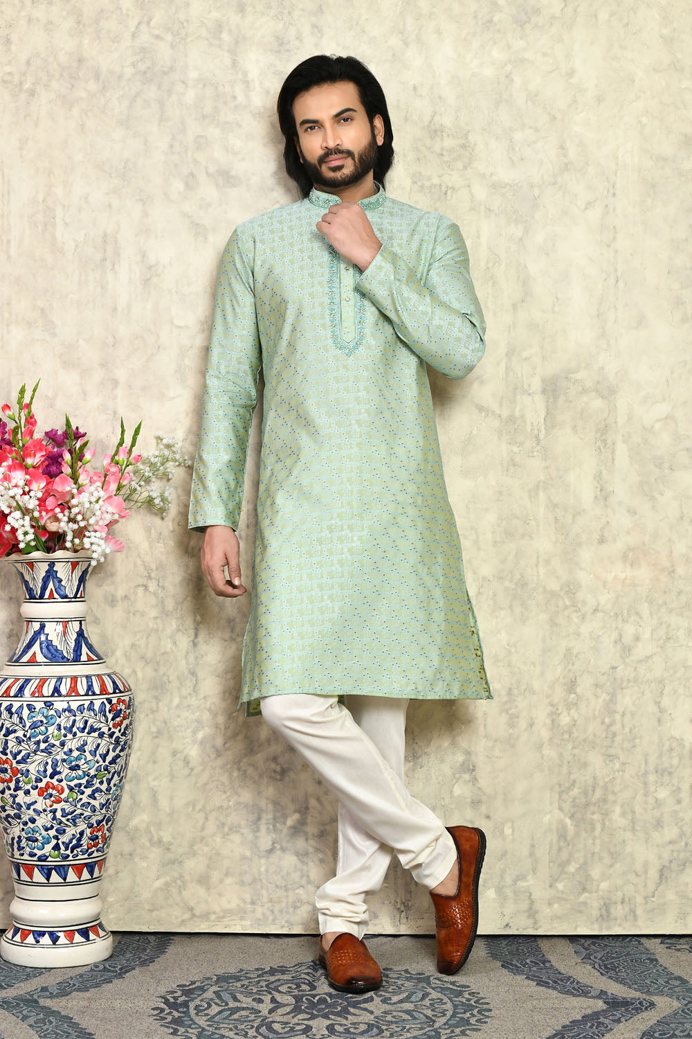 Pista Colour Art Silk Fabric With Hand Work Kurta Pajama