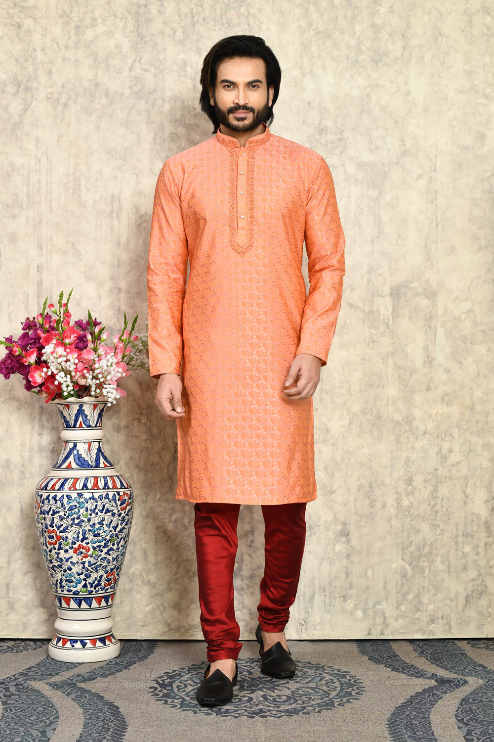 Rust Colour Art Silk Fabric With Hand Work Kurta Pajama