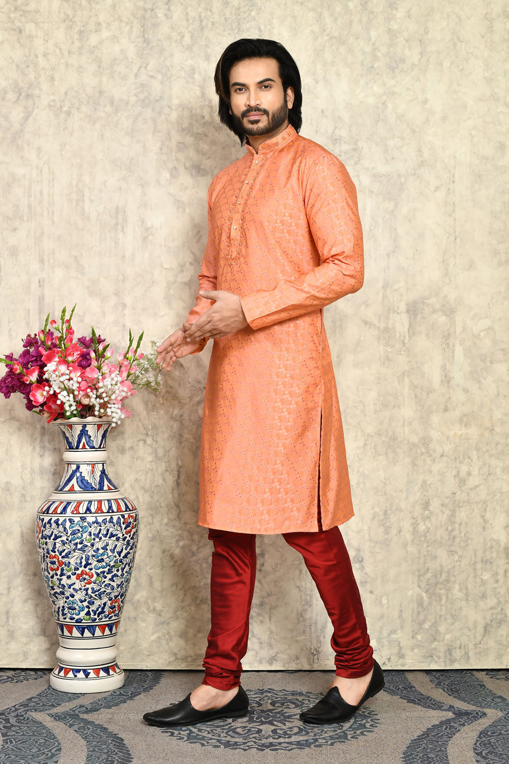 Rust Colour Art Silk Fabric With Hand Work Kurta Pajama