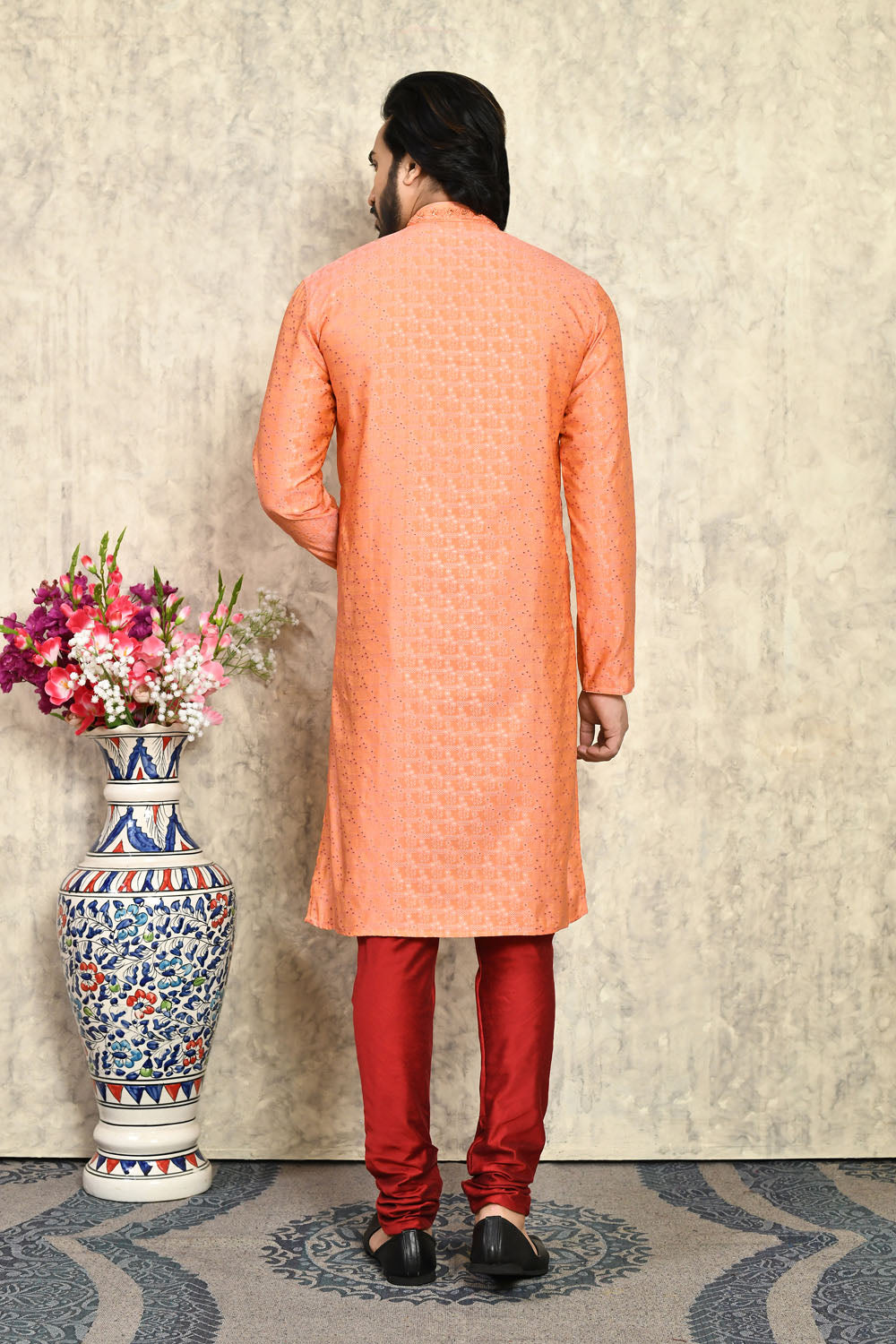 Rust Colour Art Silk Fabric With Hand Work Kurta Pajama