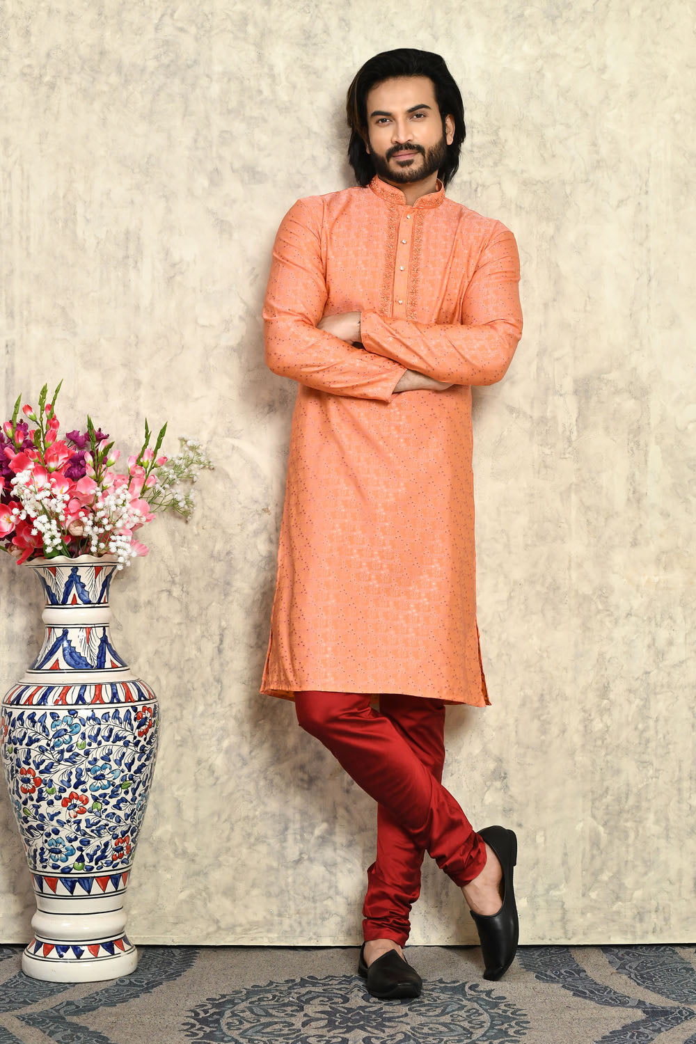 Rust Colour Art Silk Fabric With Hand Work Kurta Pajama