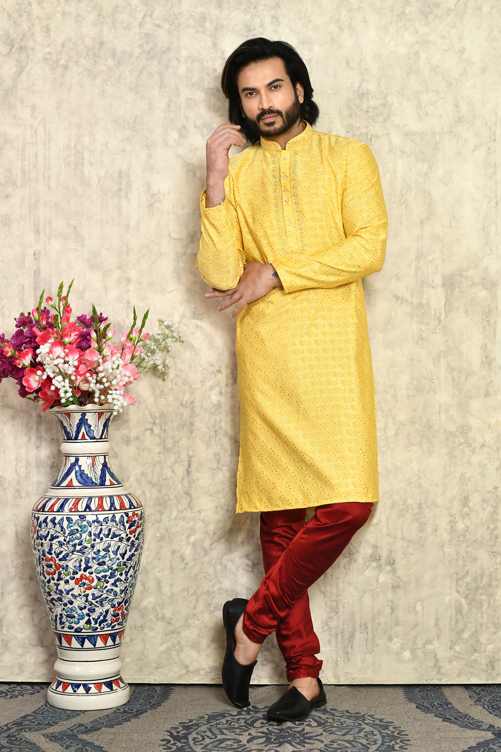 Yellow Colour Art Silk Fabric With Hand Work Kurta Pajama