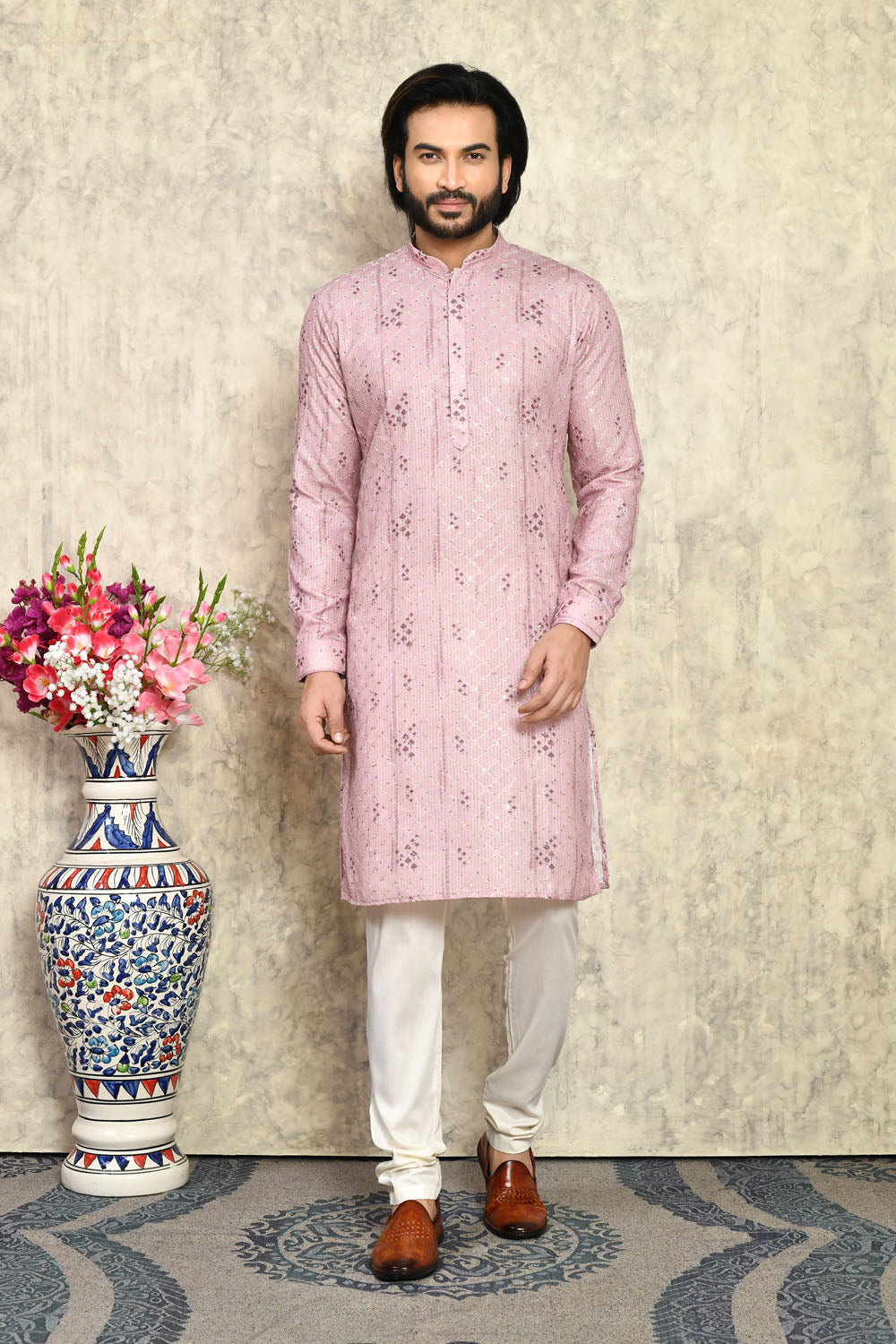 Mauve Colour Cotton Fabric With Plain Style Kurta Pajama
