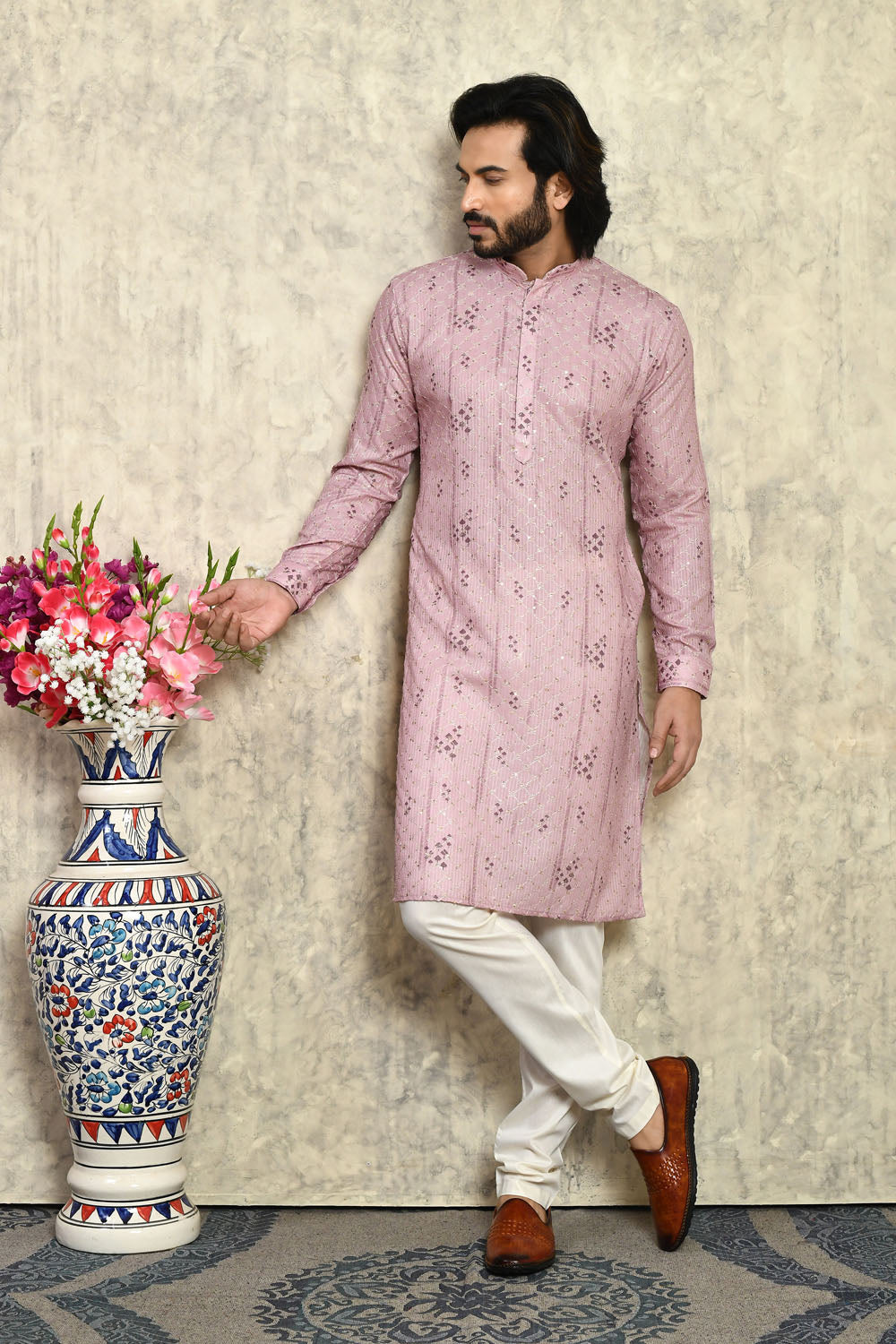 Mauve Colour Cotton Fabric With Plain Style Kurta Pajama