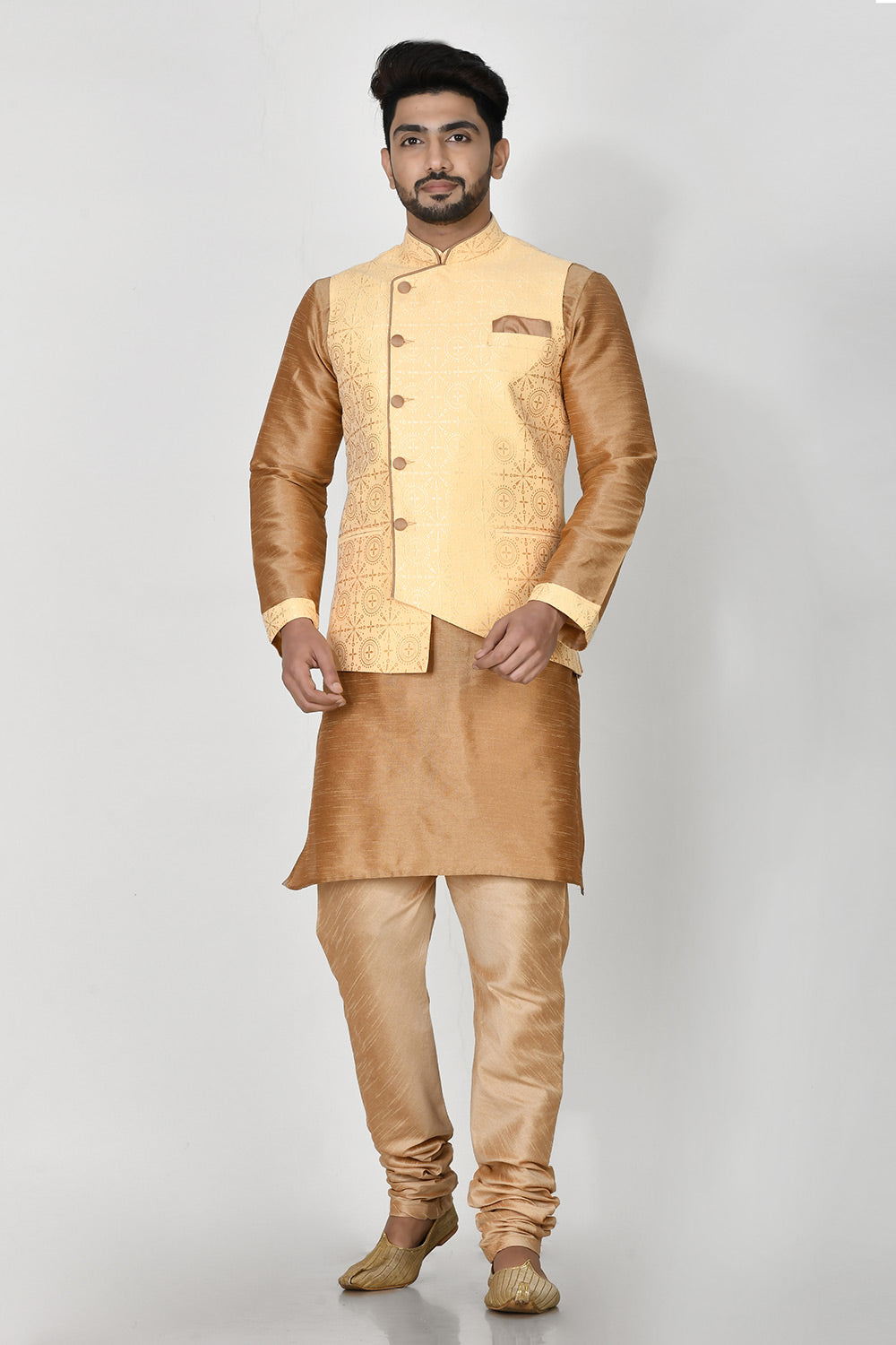 Biscuite Colour Jacquard Fabric Printed Kurta Pajama Jacket
