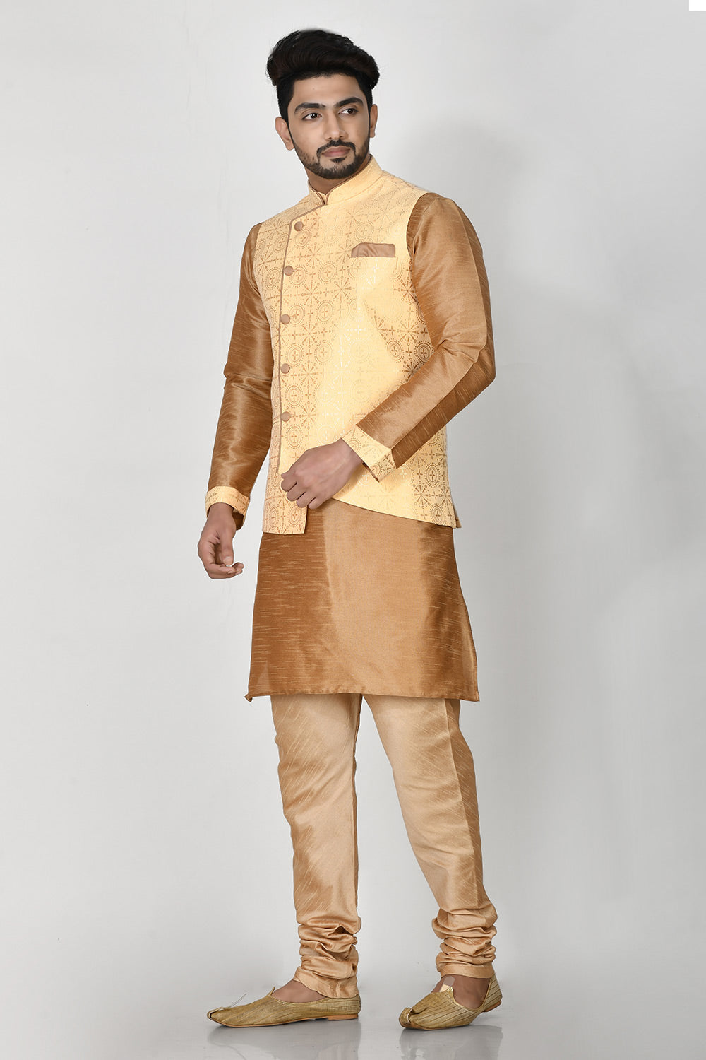 Biscuite Colour Jacquard Fabric Printed Kurta Pajama Jacket