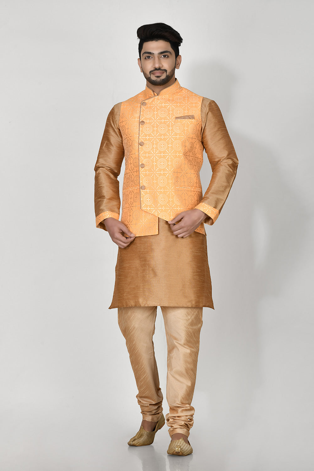 Orange Colour Jacquard Fabric Printed Kurta Pajama Jacket