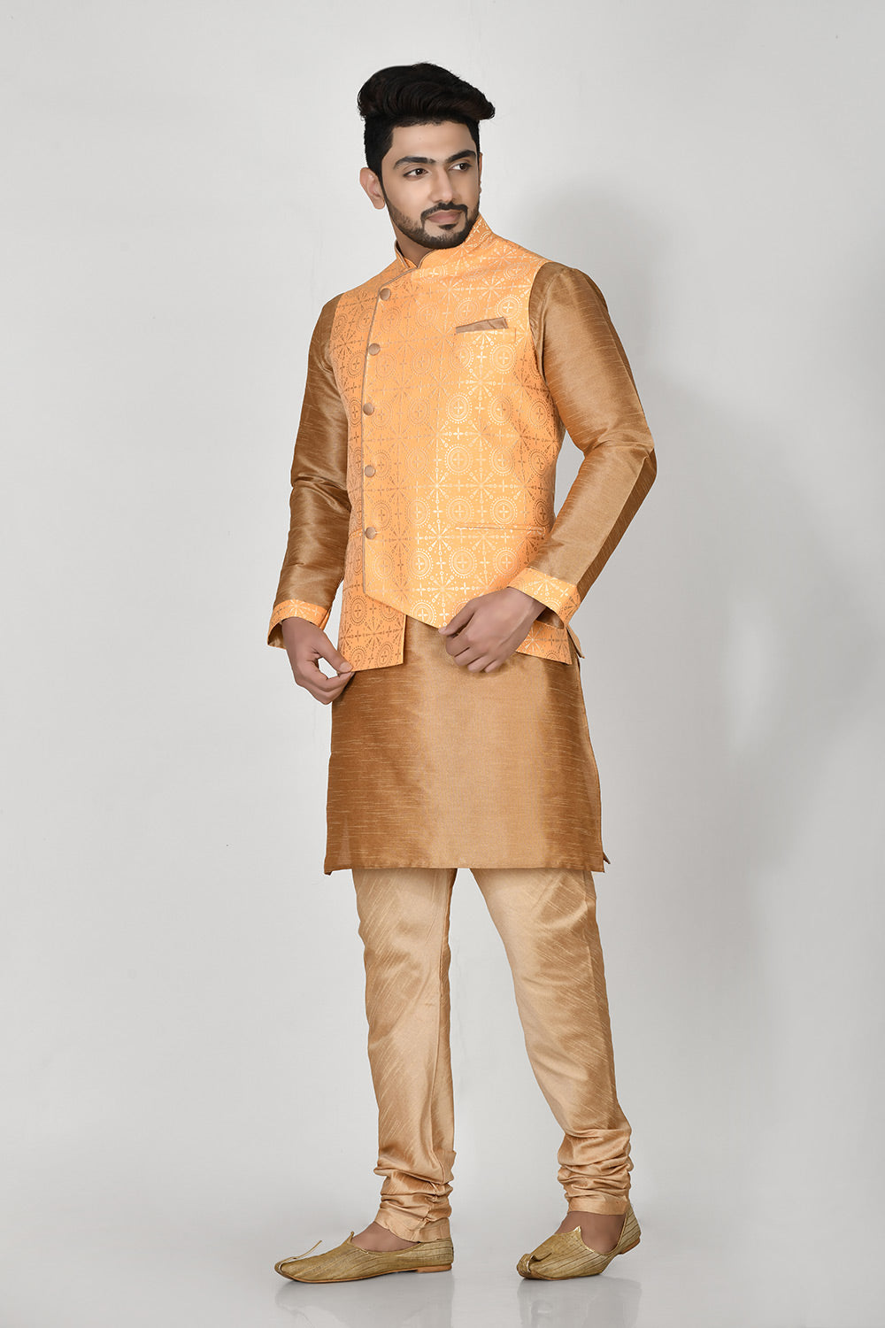 Orange Colour Jacquard Fabric Printed Kurta Pajama Jacket