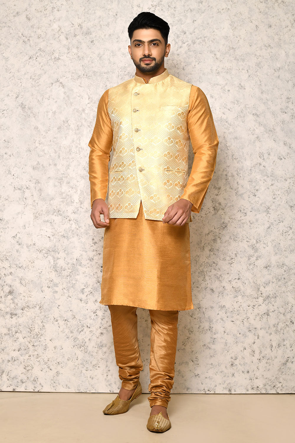 Gold Colour Jacquard Fabric With Pattern Work Jacket Set
