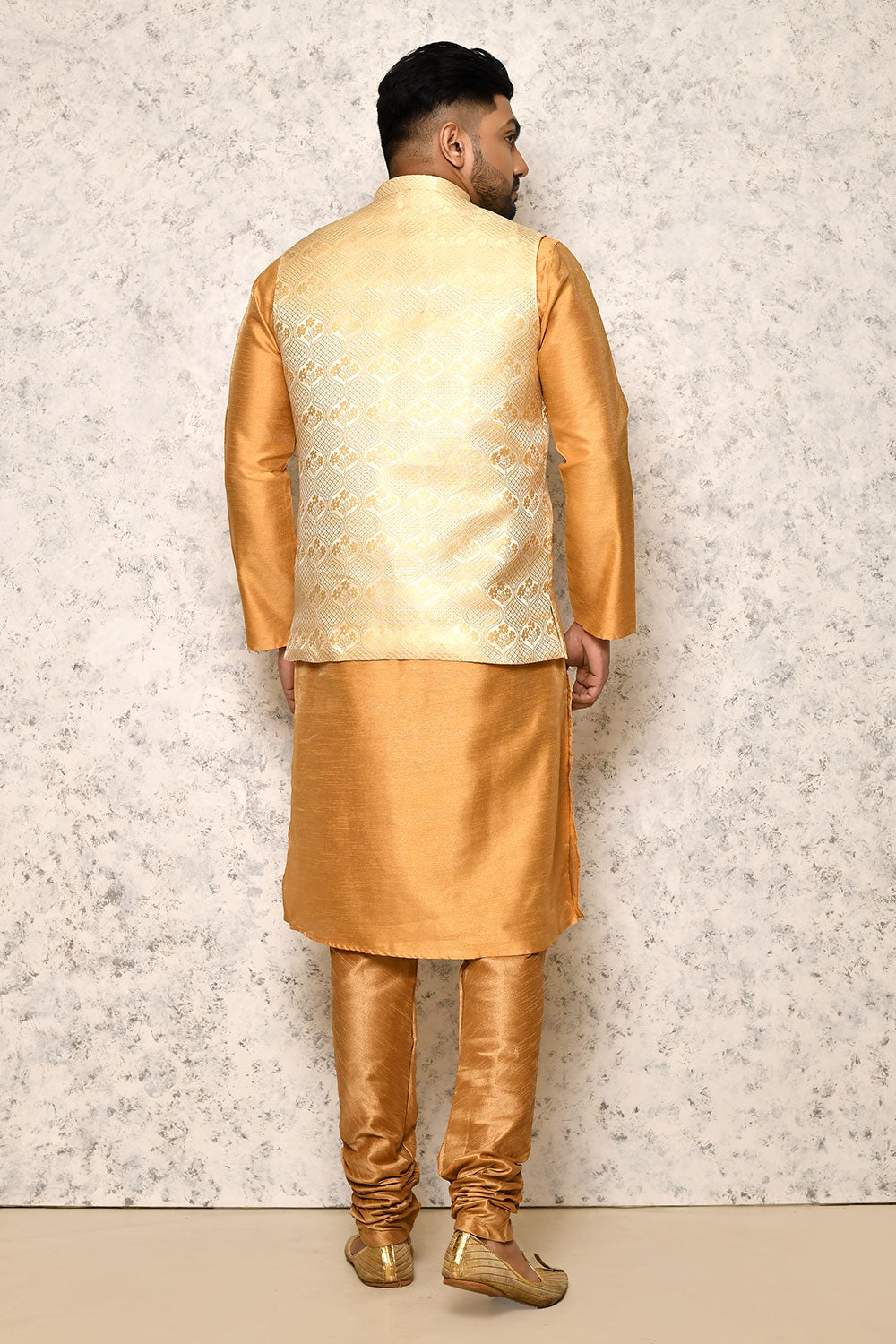 Gold Colour Jacquard Fabric With Pattern Work Jacket Set