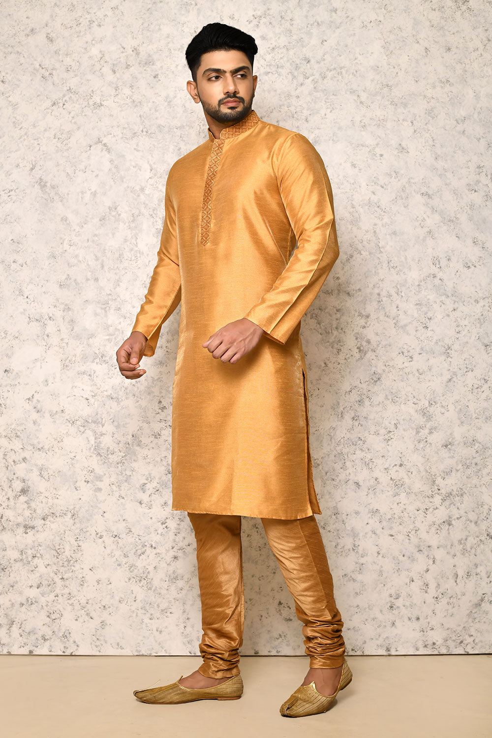 Gold Colour Jacquard Fabric With Pattern Work Jacket Set