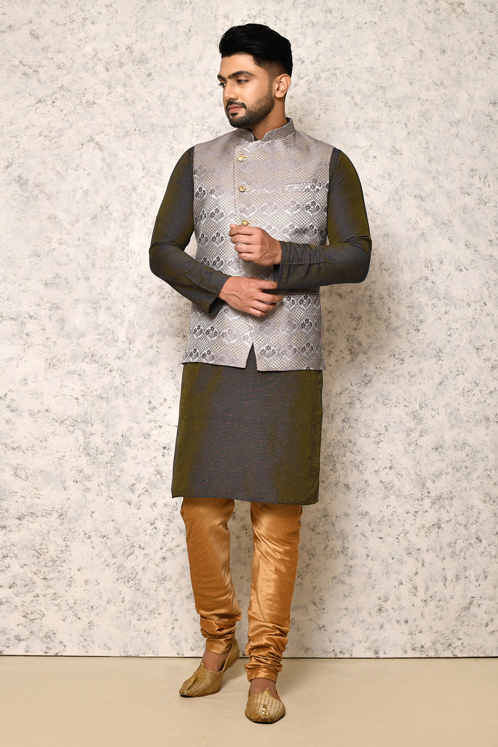 Grey Colour Jacquard Fabric With Pattern Work Jacket Set