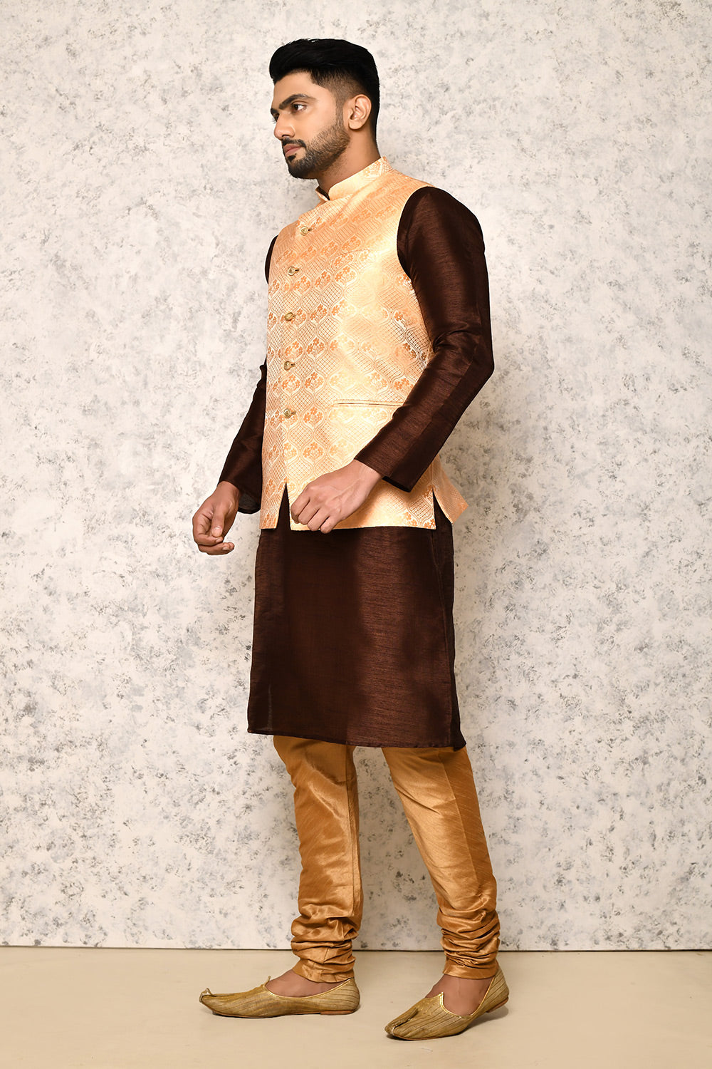 Rust Colour Jacquard Fabric With Pattern Work Jacket Set