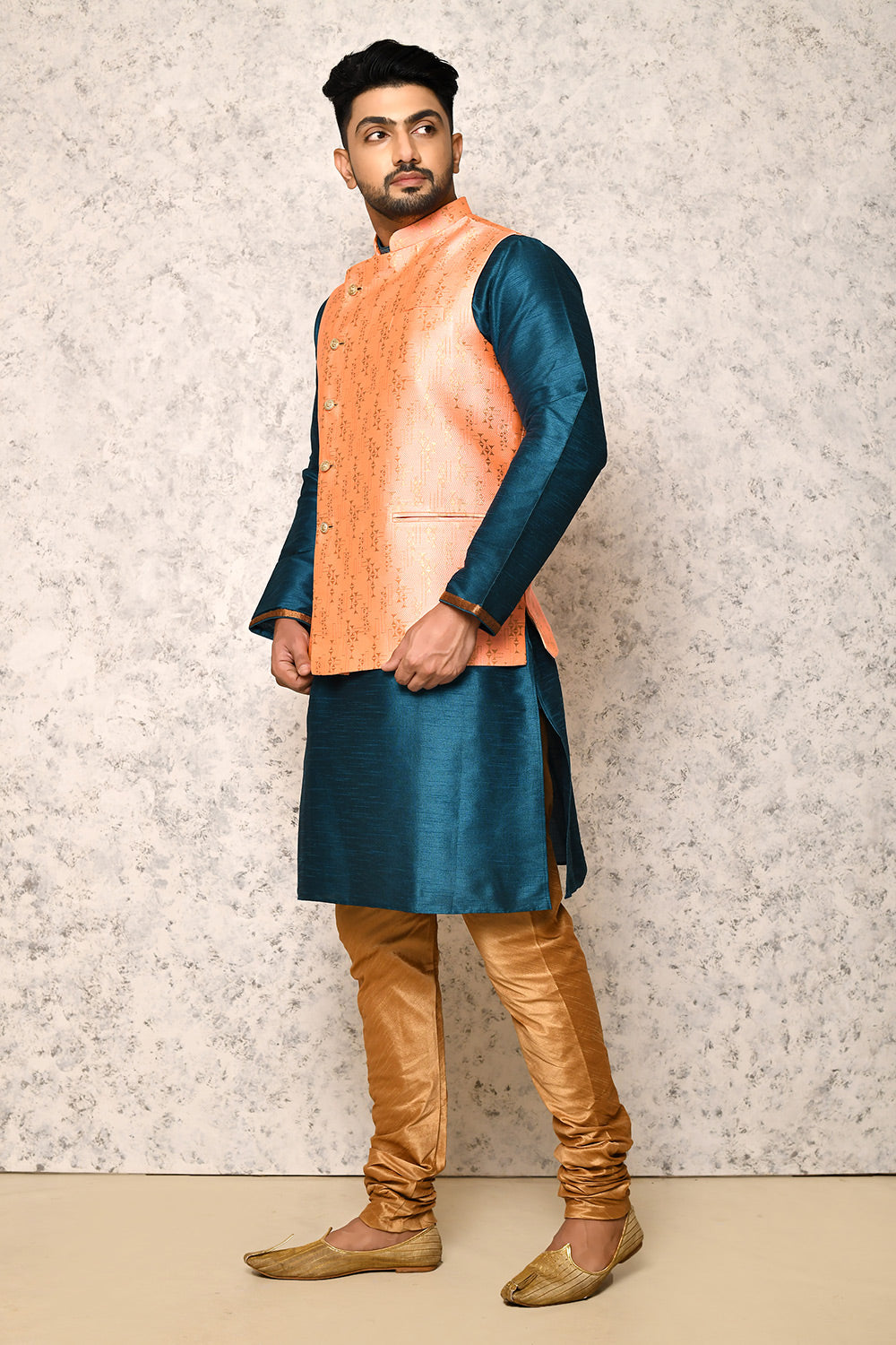 Rust Colour Jacquard Fabric With Pattern Work Jacket Set