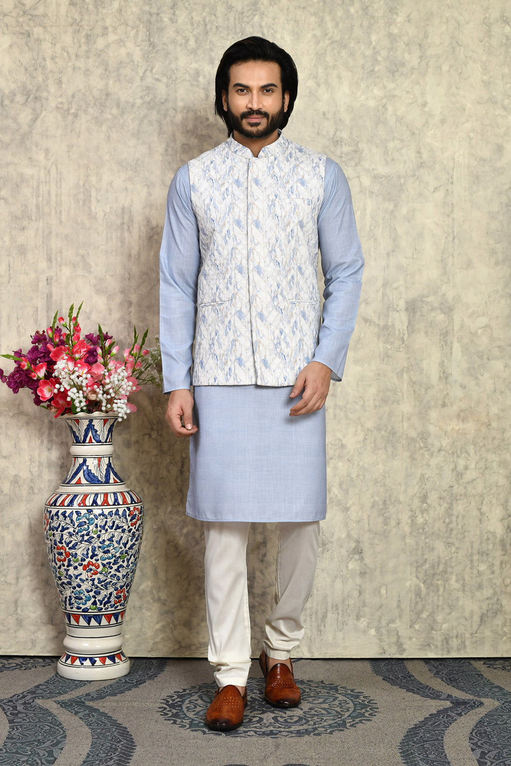 Blue Colour Cotton Fabric Woven Kurta Pajama & Jacket Set
