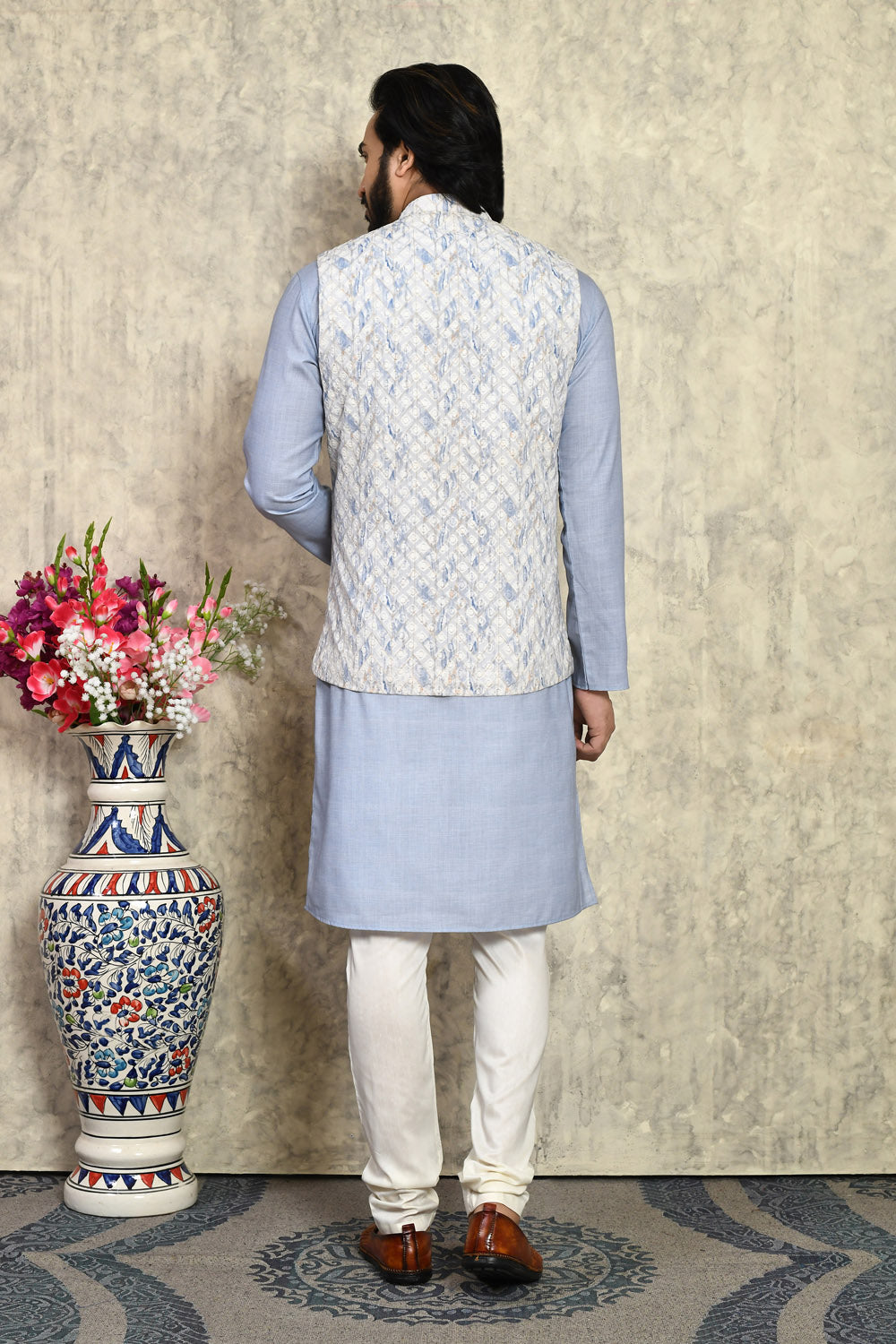 Blue Colour Cotton Fabric Woven Kurta Pajama & Jacket Set
