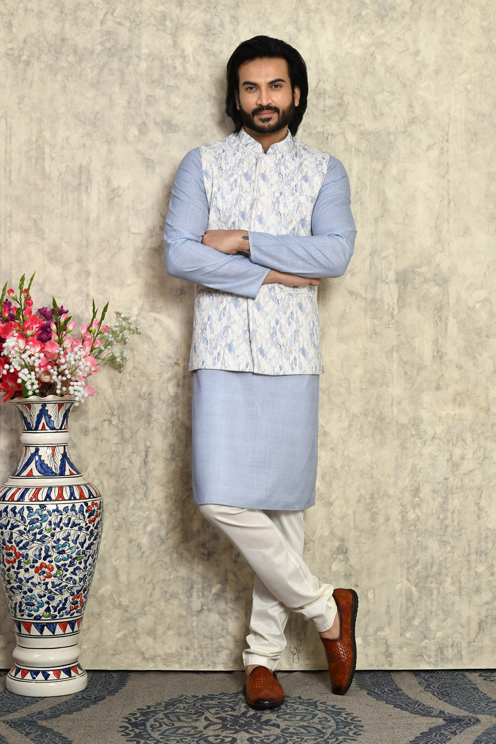Blue Colour Cotton Fabric Woven Kurta Pajama & Jacket Set