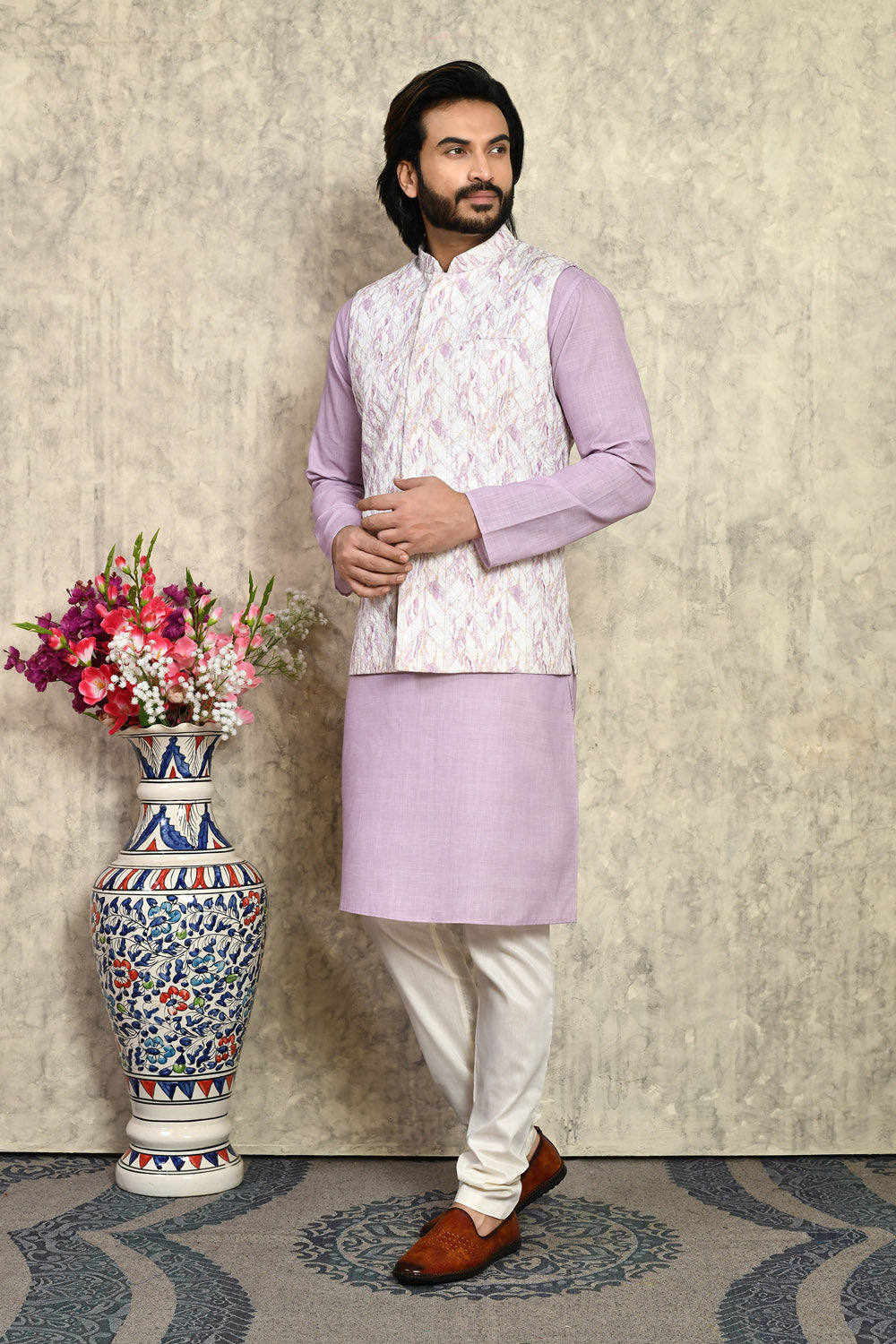 Mauve Colour Cotton Fabric Woven Kurta Pajama & Jacket Set
