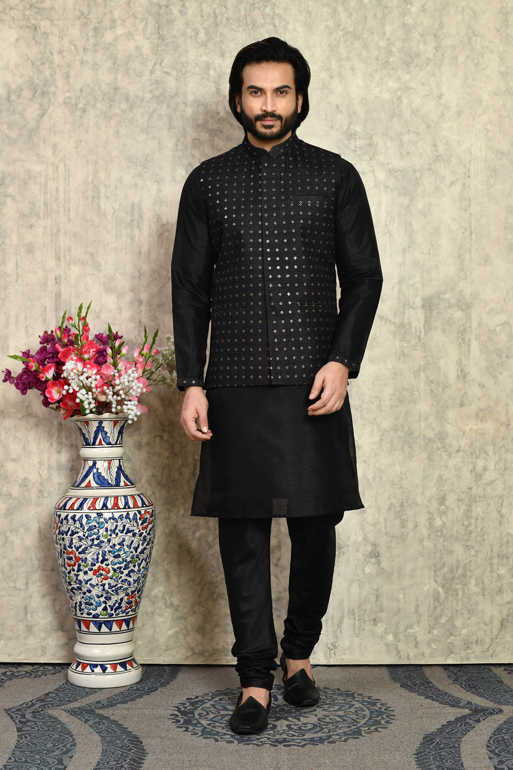 Black Colour Art Silk Fabric With Embroidered Jacket Set