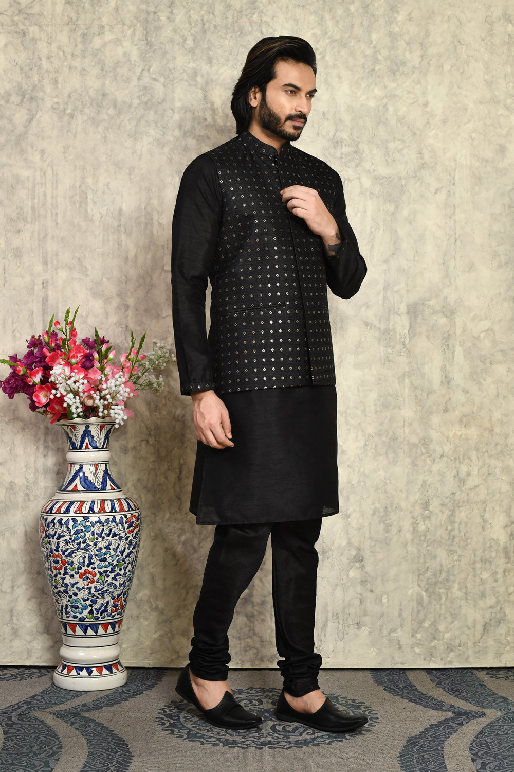 Black Colour Art Silk Fabric With Embroidered Jacket Set
