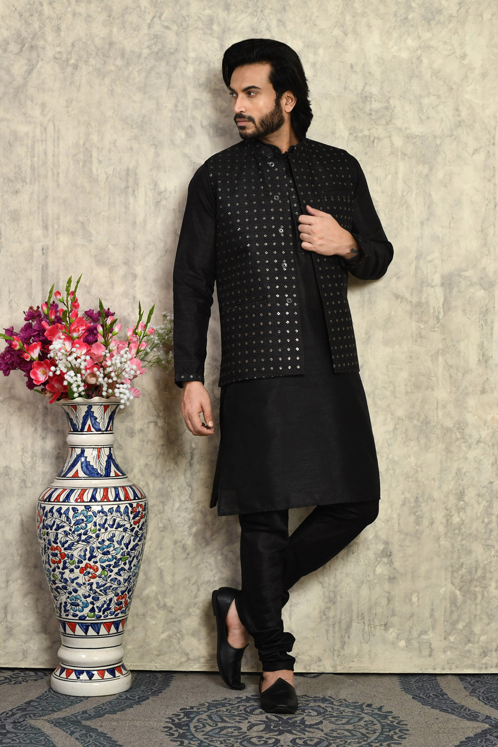Black Colour Art Silk Fabric With Embroidered Jacket Set