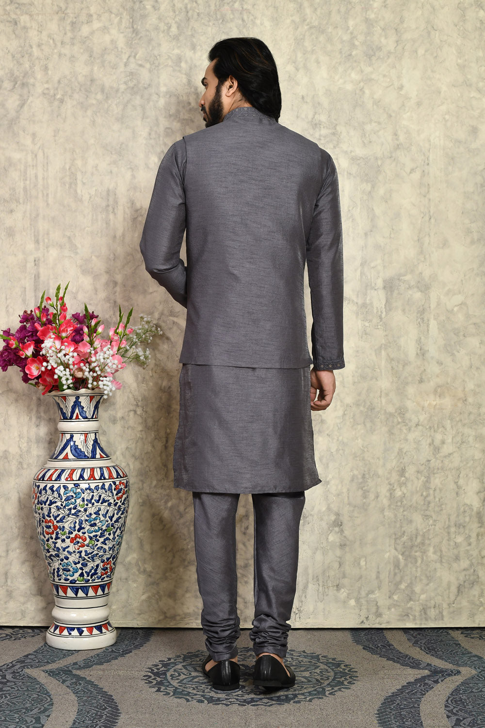 Grey Colour Art Silk Fabric With Embroidered Jacket Set