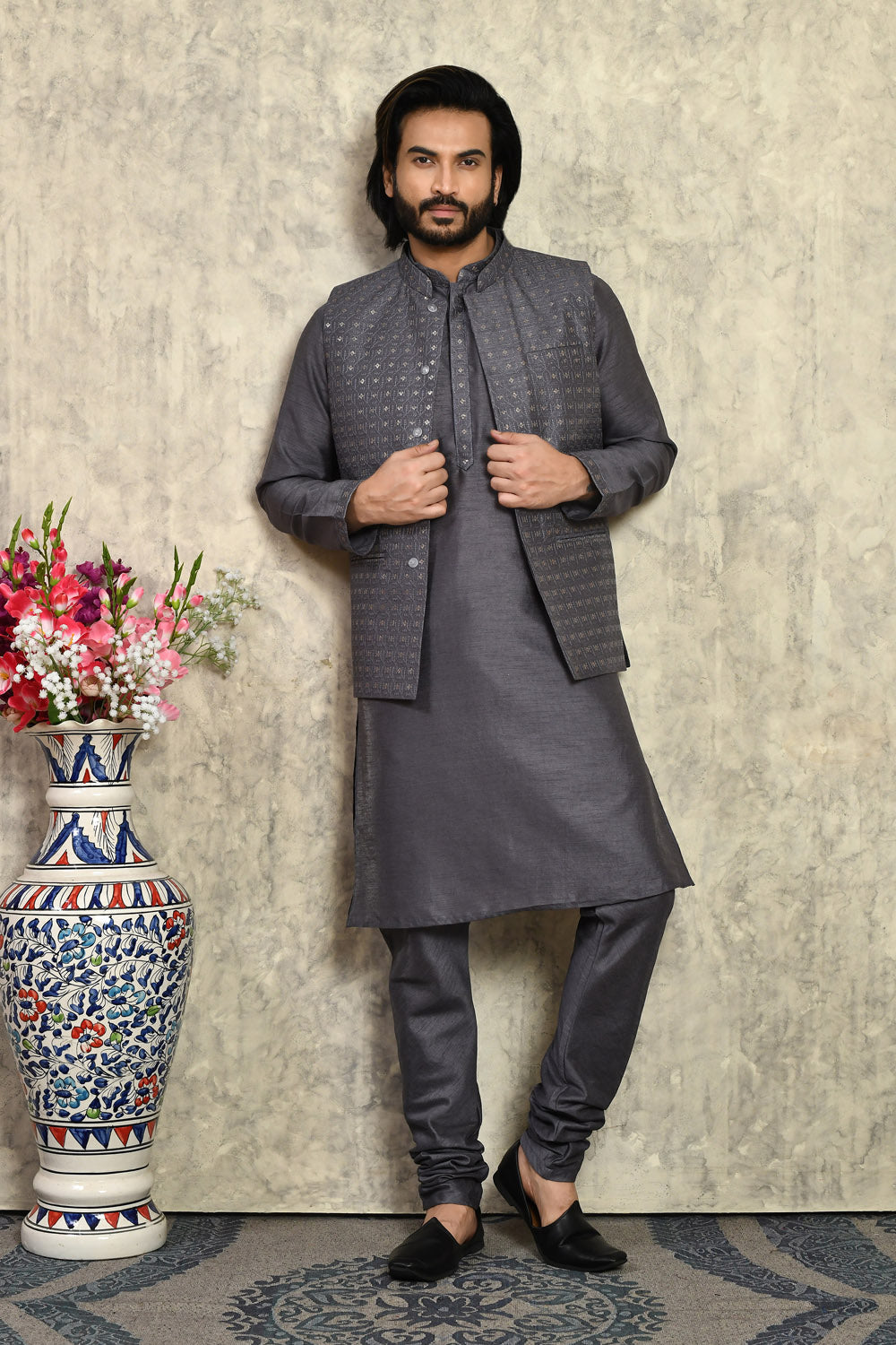 Grey Colour Art Silk Fabric With Embroidered Jacket Set