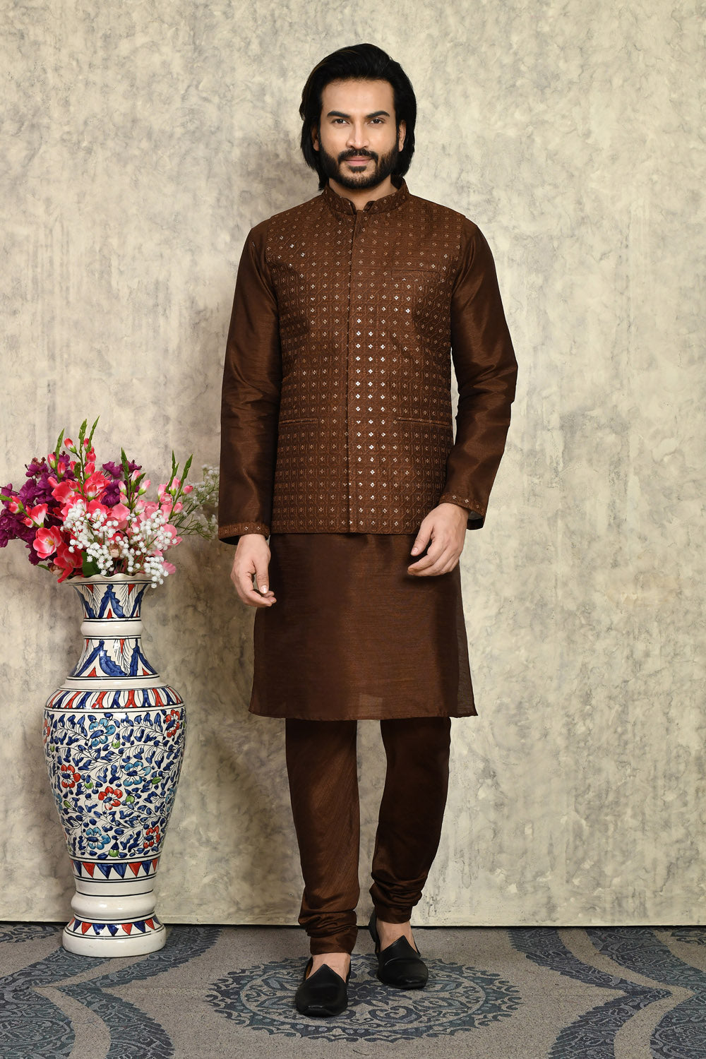 Coffee Colour Art Silk Fabric With Embroidered Jacket Set
