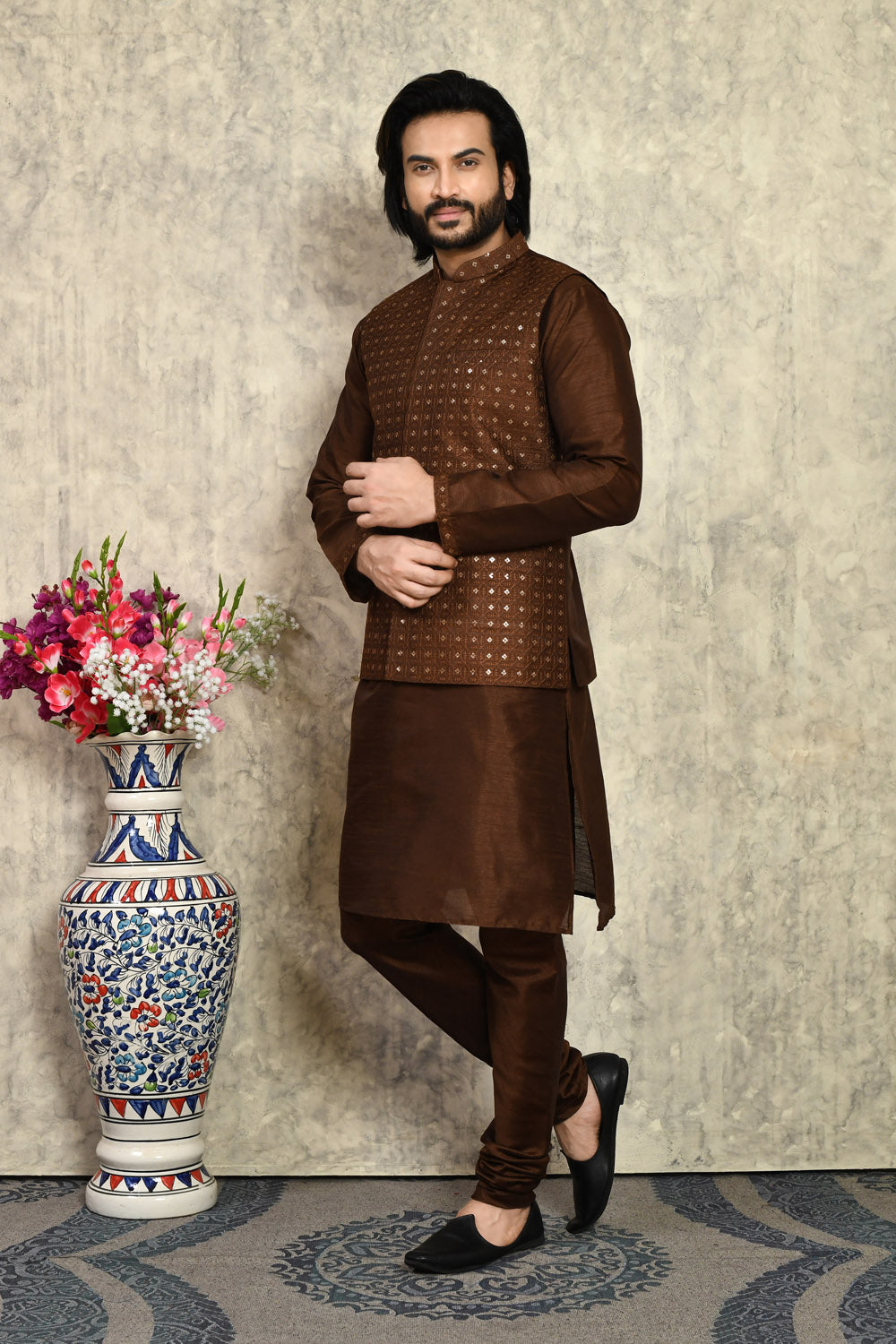 Coffee Colour Art Silk Fabric With Embroidered Jacket Set