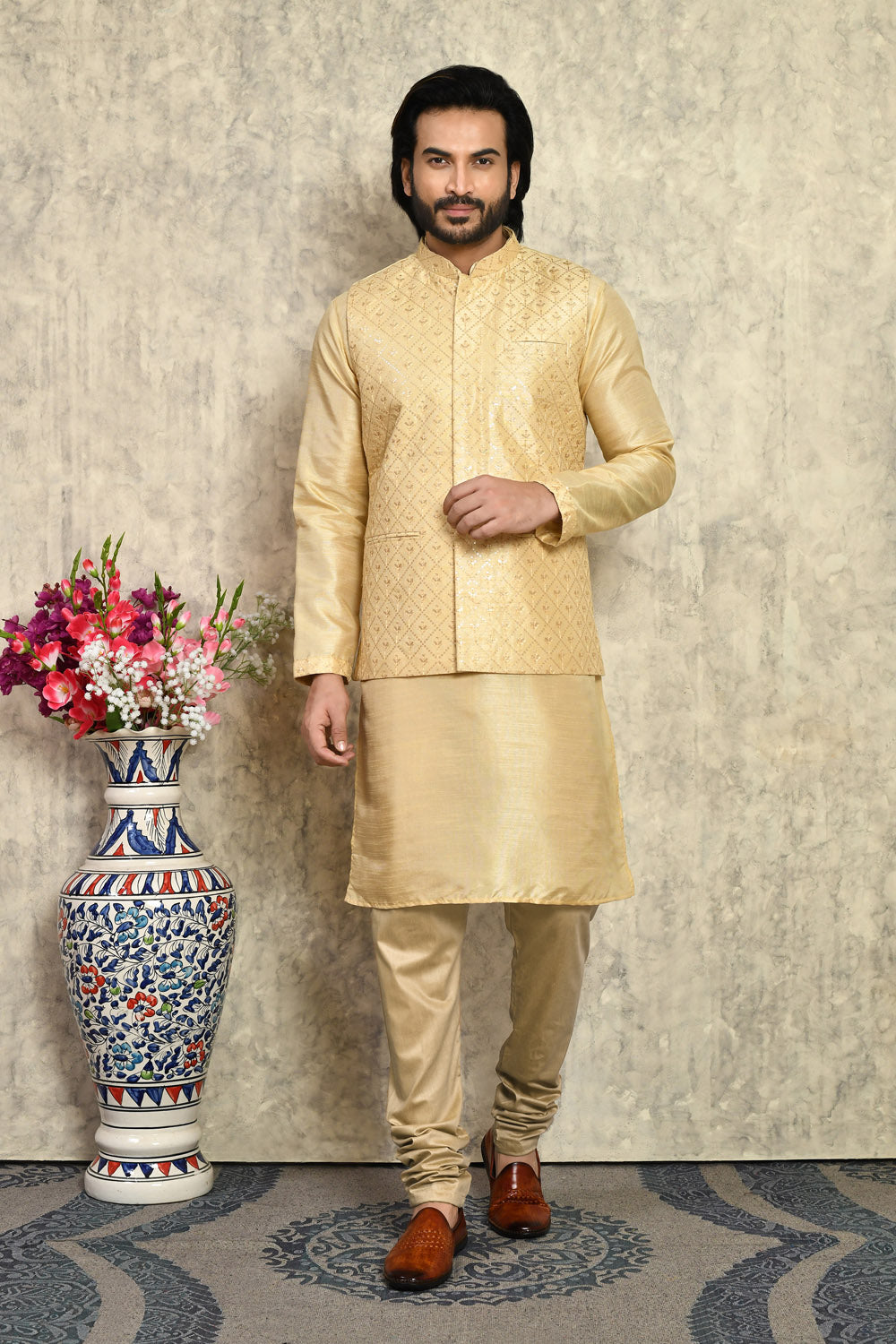 Beige Colour Art Silk Fabric With Embroidered Jacket Set