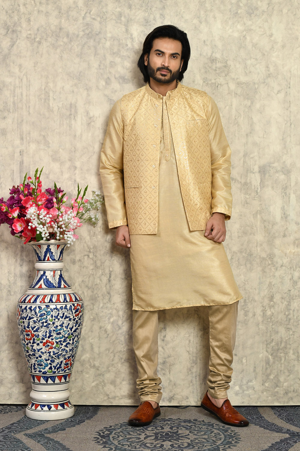 Beige Colour Art Silk Fabric With Embroidered Jacket Set