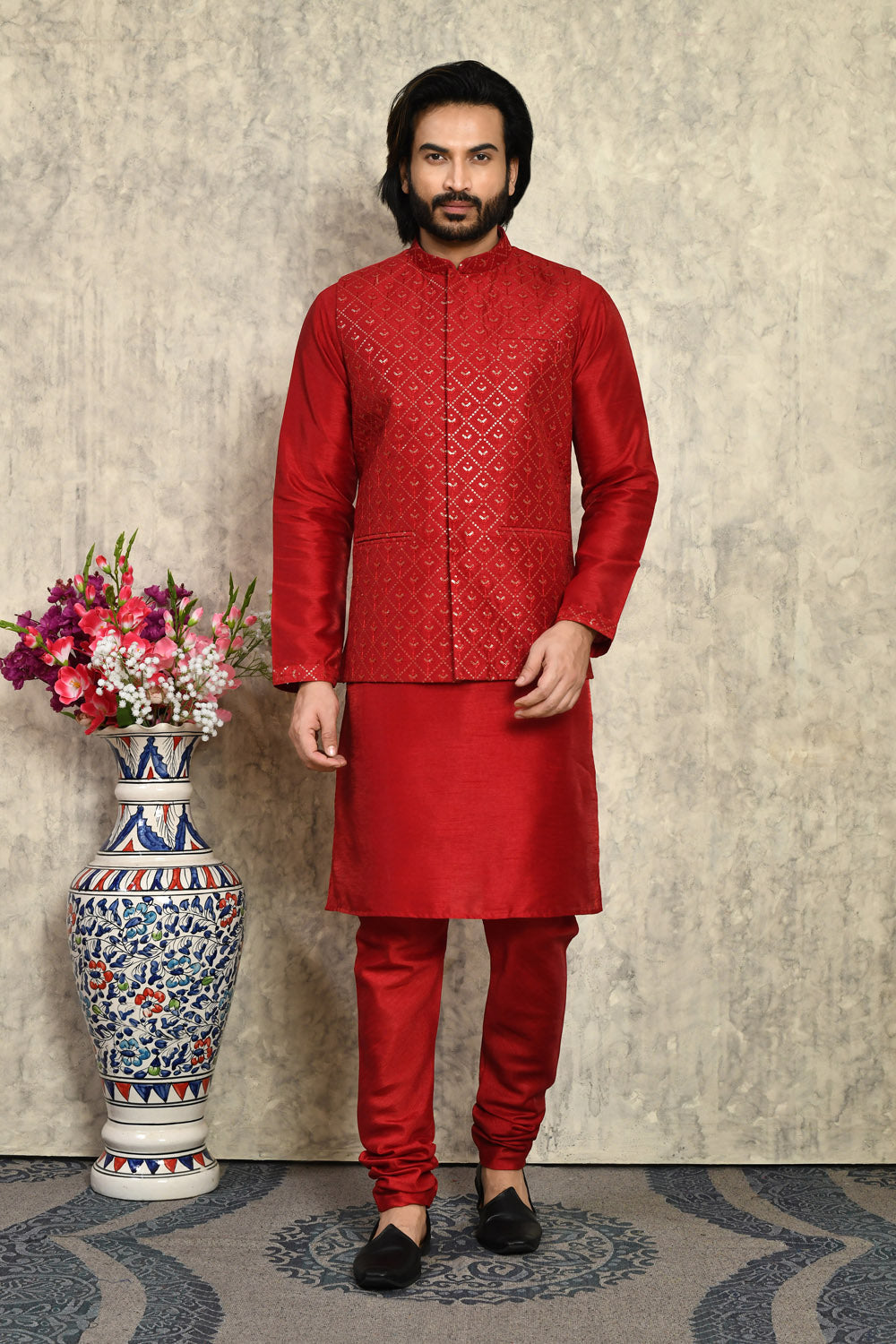 Maroon Colour Art Silk Fabric With Embroidered Jacket Set