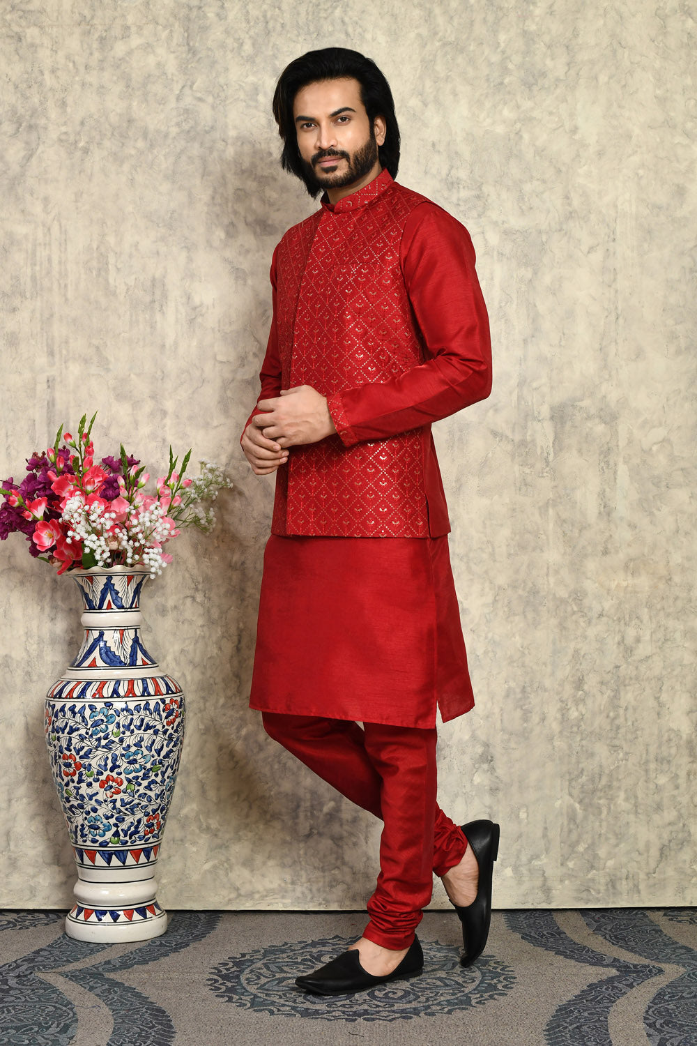 Maroon Colour Art Silk Fabric With Embroidered Jacket Set