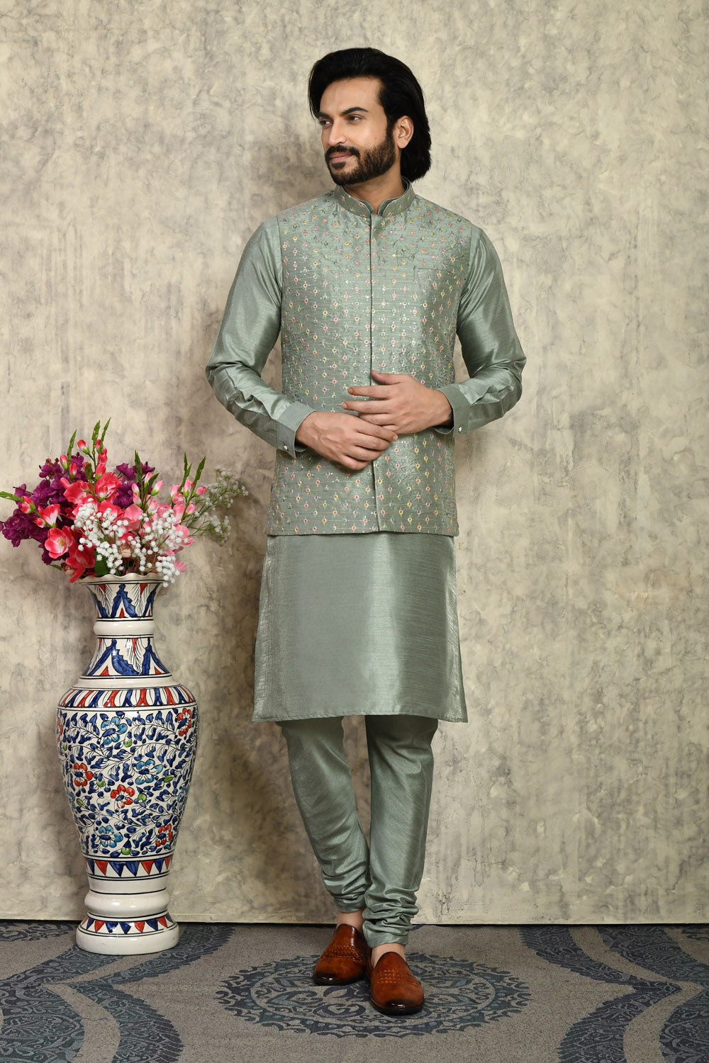 Olive Colour Art Silk Fabric With Embroidered Jacket Set