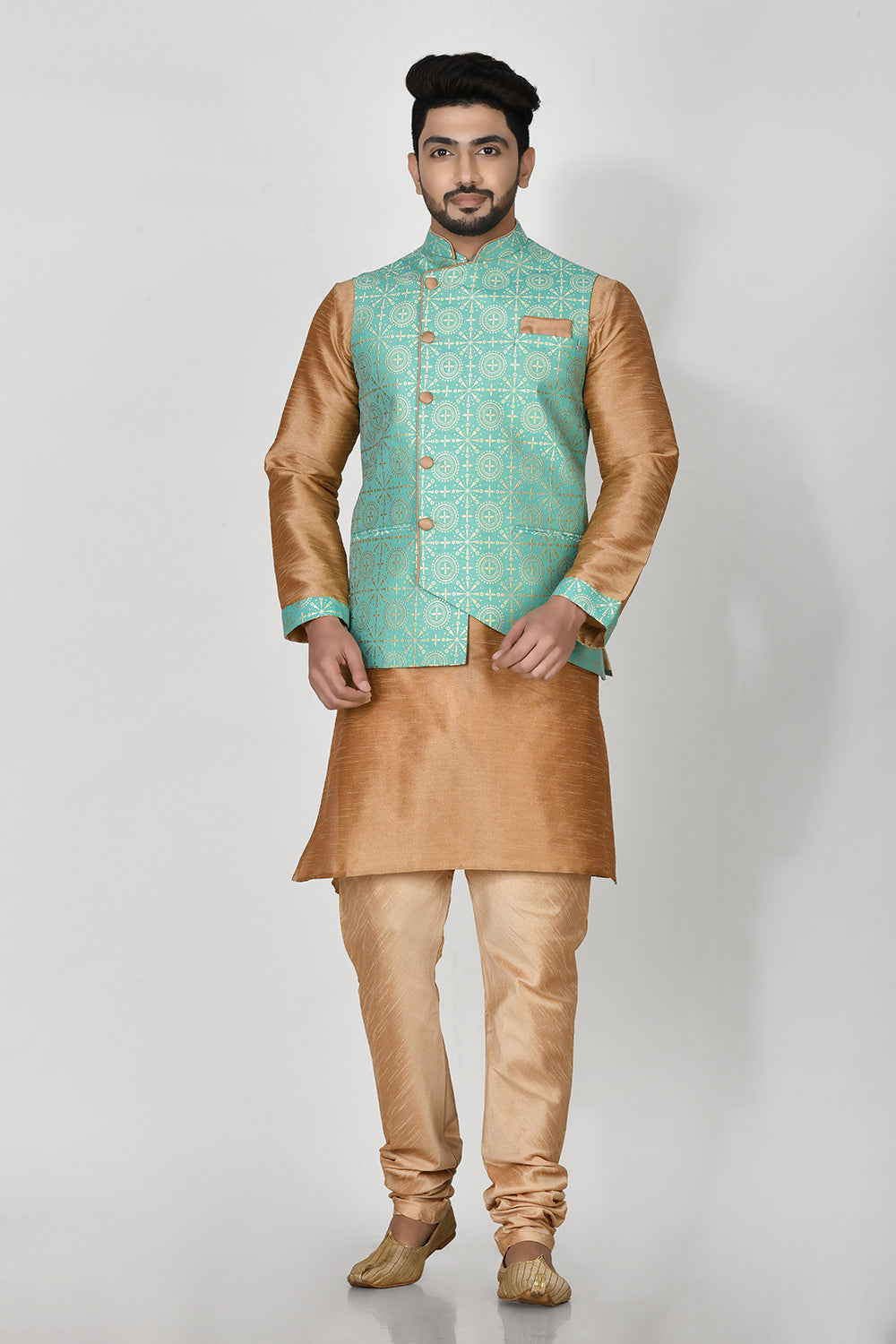 Firoza Colour Jacquard Fabric Printed Kurta Pajama Jacket