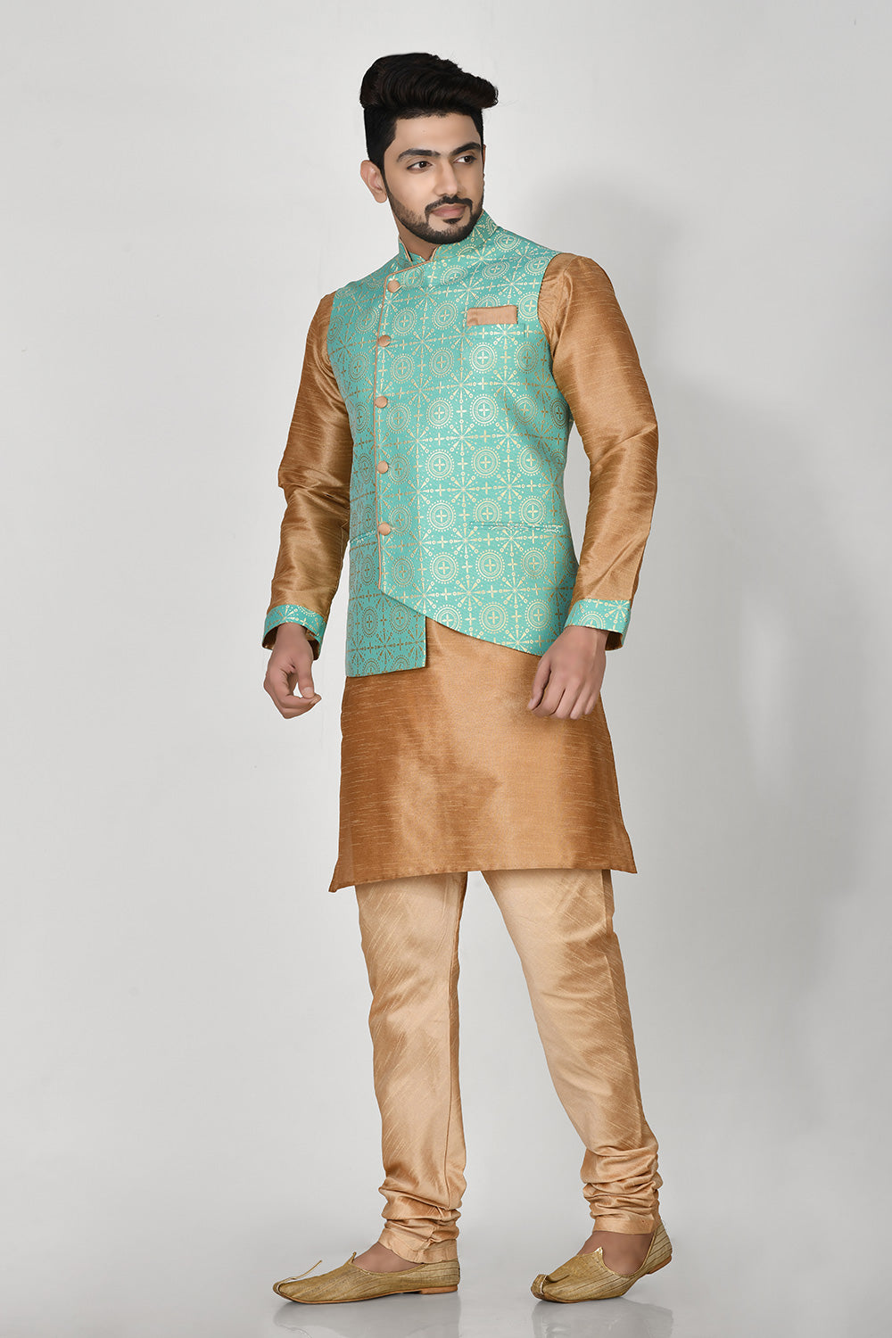 Firoza Colour Jacquard Fabric Printed Kurta Pajama Jacket