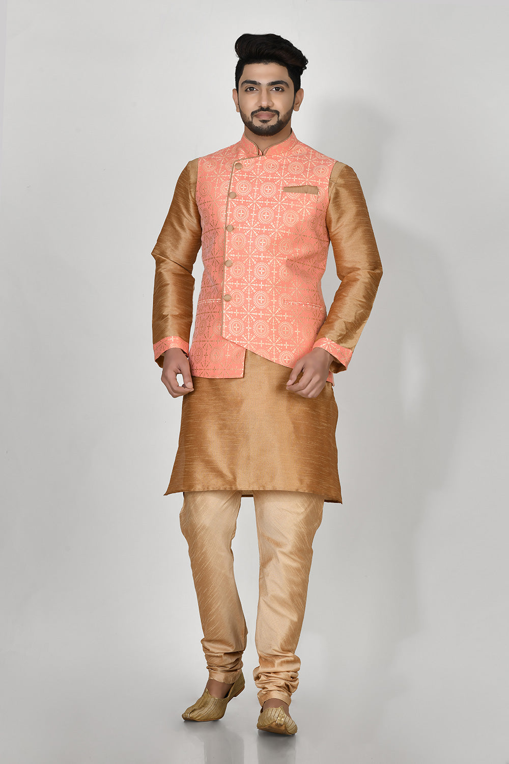 Pink Colour Jacquard Fabric Printed Kurta Pajama Jacket