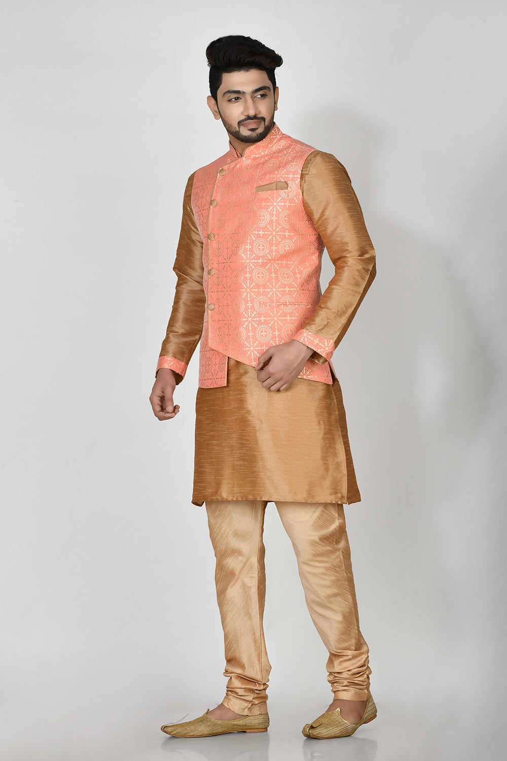 Pink Colour Jacquard Fabric Printed Kurta Pajama Jacket