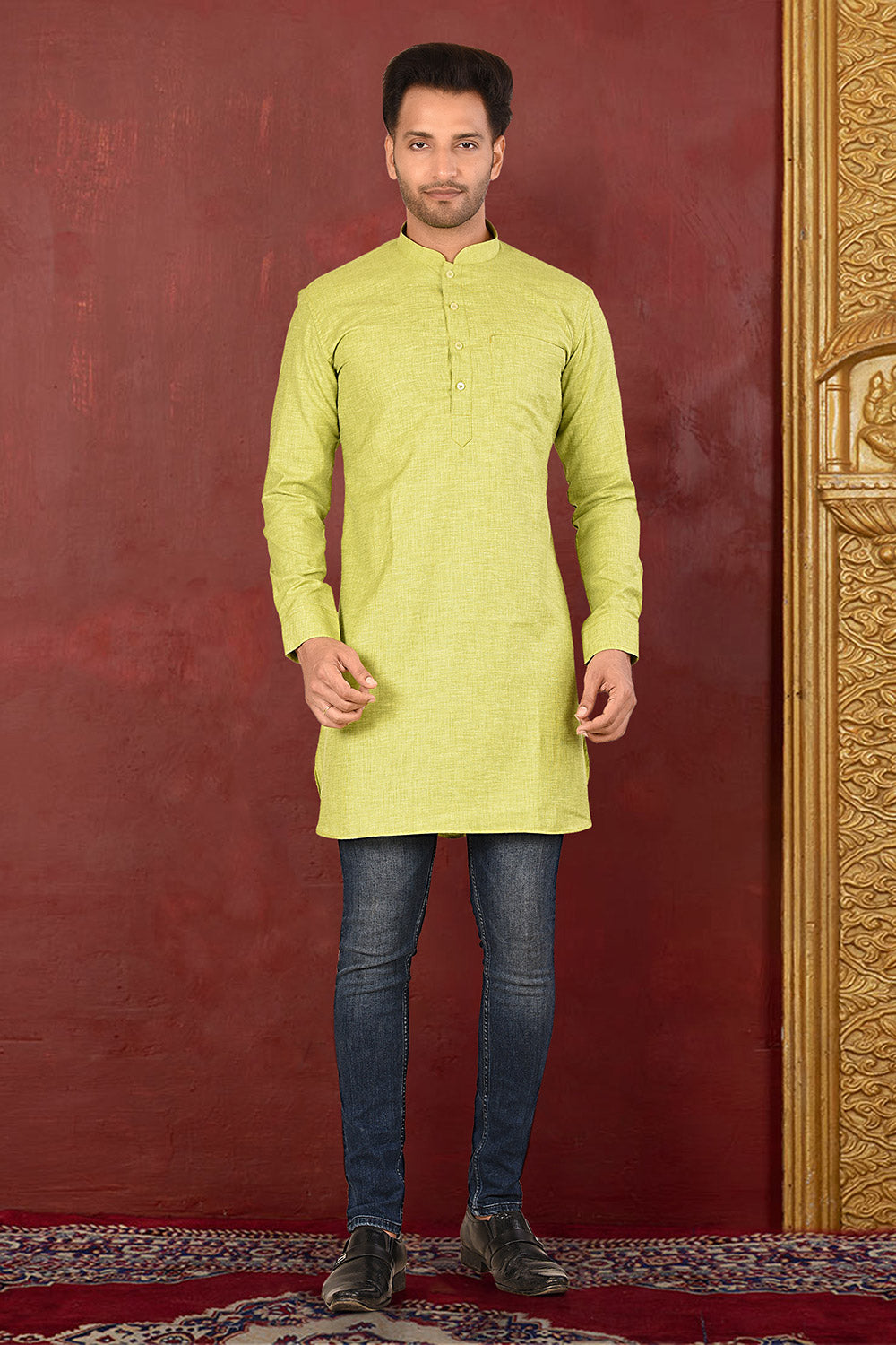 Green Colour Cotton Linen Fabric Patern Short Kurta