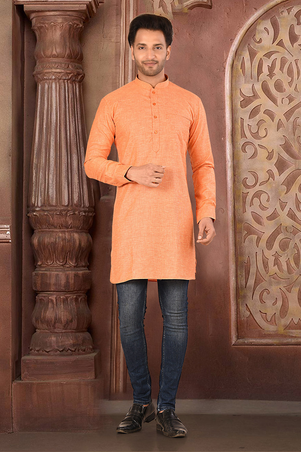 Orange Colour Muslin Cotton Fabric Patern Short Kurta