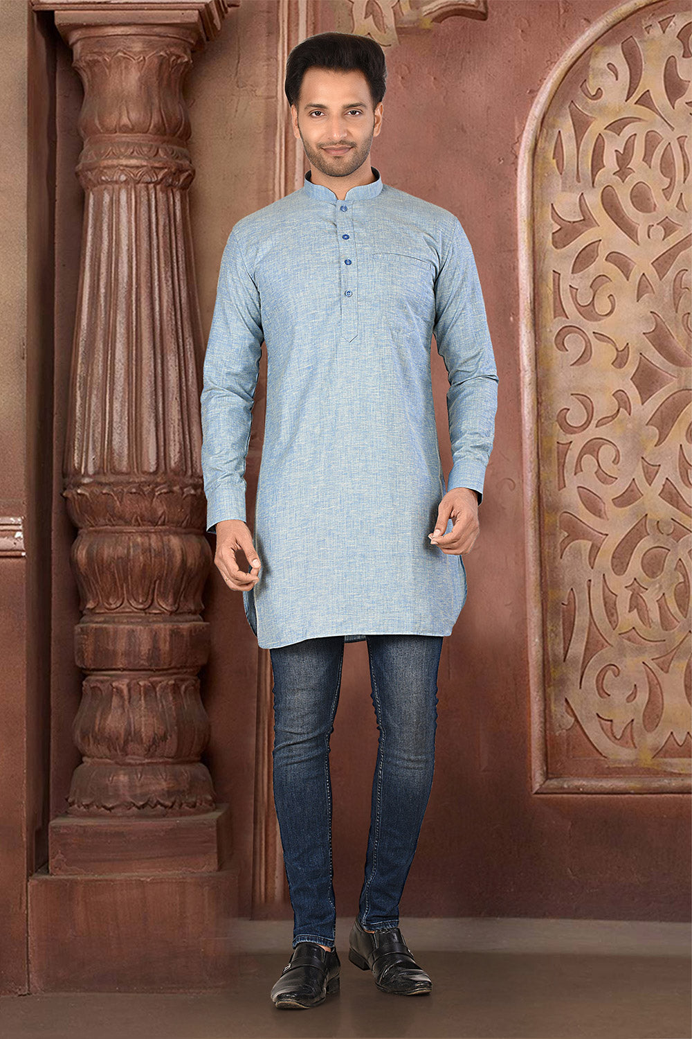 Grey Colour Cotton Linen Fabric Patern Short Kurta