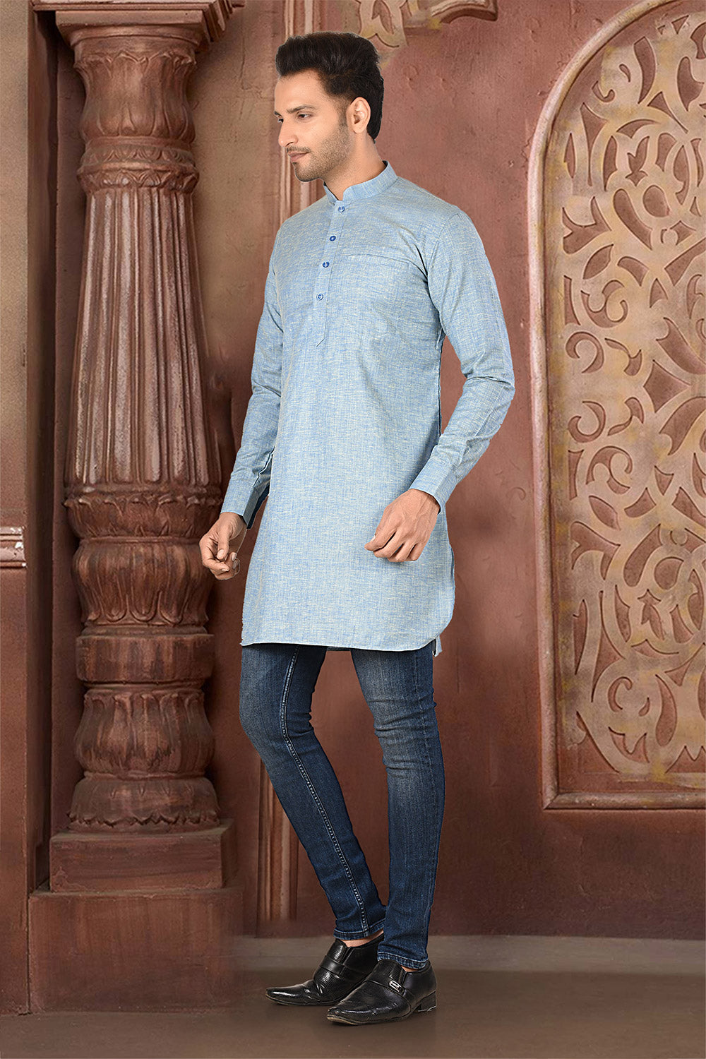 Grey Colour Cotton Linen Fabric Patern Short Kurta