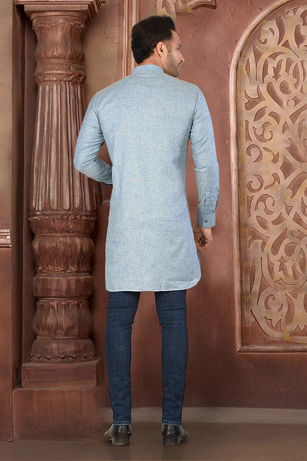 Grey Colour Cotton Linen Fabric Patern Short Kurta