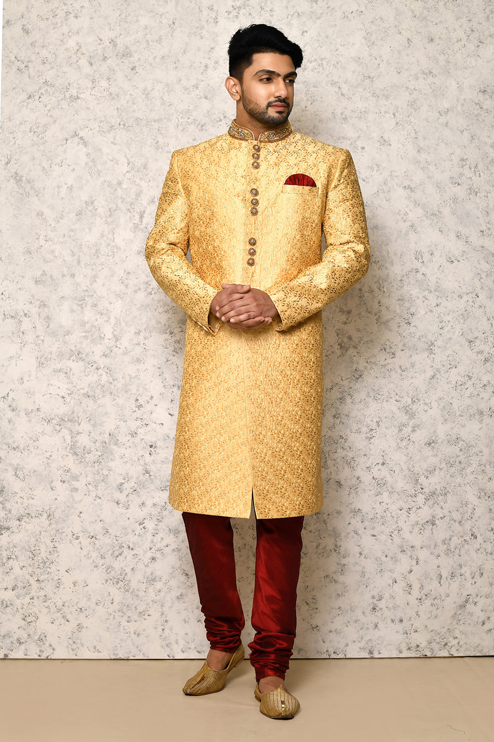 Gold Colour Art Silk Fabric With Hand Embroidery Indowestern