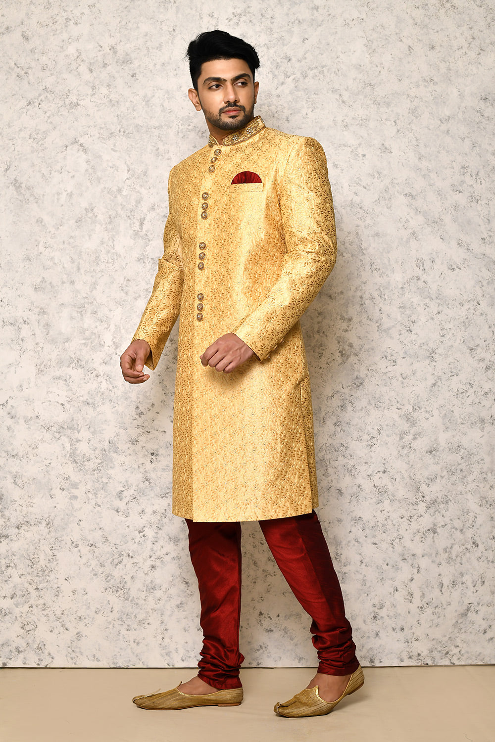 Gold Colour Art Silk Fabric With Hand Embroidery Indowestern