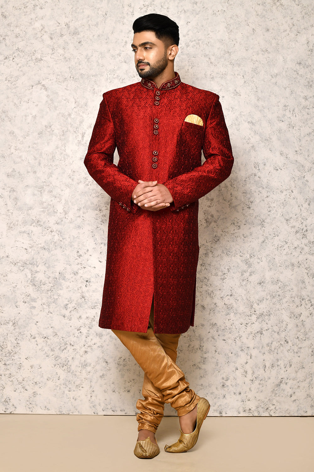 Maroon Colour Art Silk Fabric With Hand Embroidery Indowestern