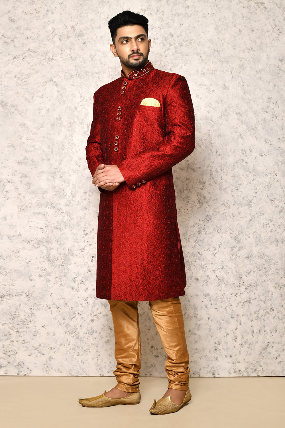 Maroon Colour Art Silk Fabric With Hand Embroidery Indowestern