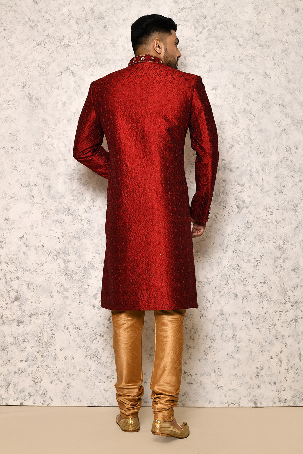 Maroon Colour Art Silk Fabric With Hand Embroidery Indowestern
