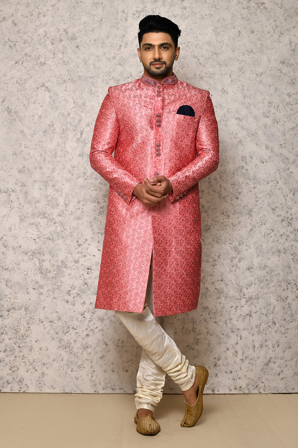 Pink Colour Art Silk Fabric With Hand Embroidery Indowestern