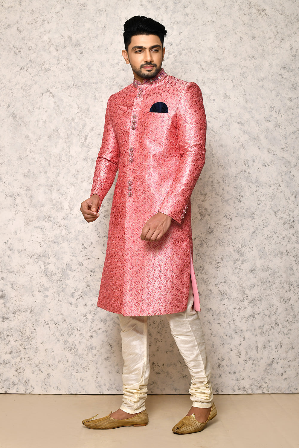 Pink Colour Art Silk Fabric With Hand Embroidery Indowestern